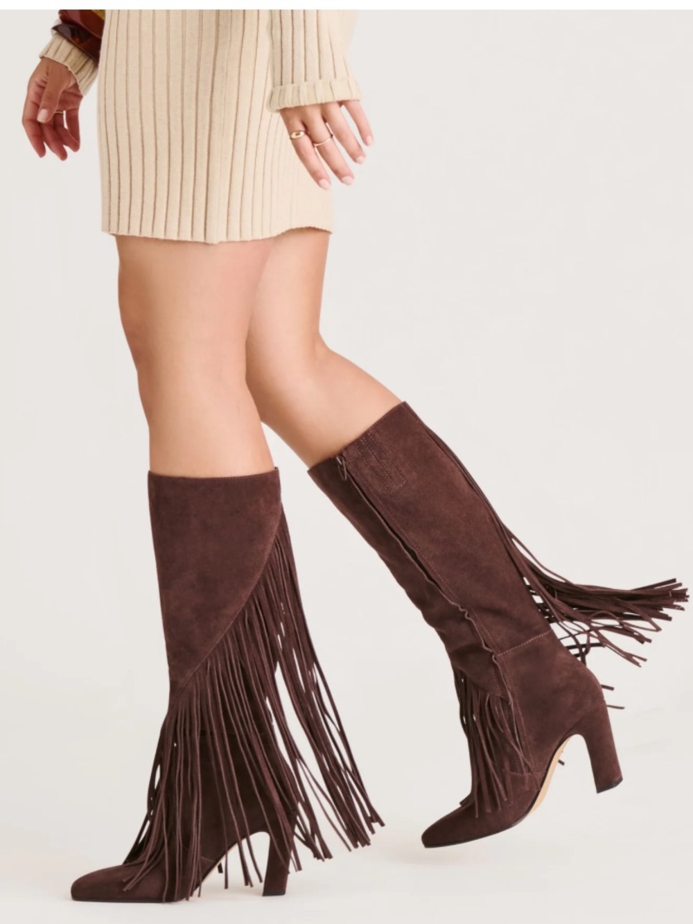 Anthropologie Dolce Vita Giano Suede Fringe Boots Knee High Block Heel Western - Picture 3 of 11